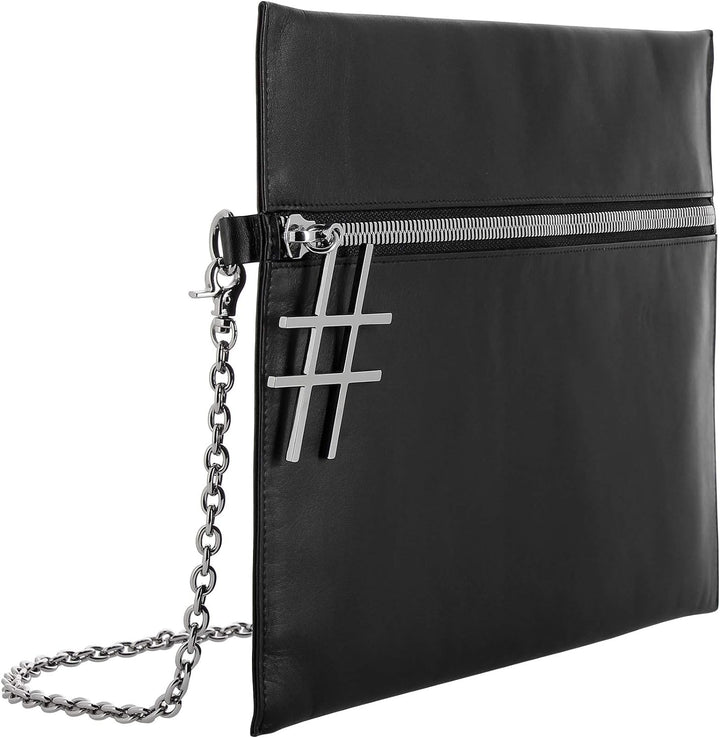 DUDU Schulter-Tasche Schwarz Damen aus Leder mit Kette Elegant Flaches Design mit Reissverschluss Sc