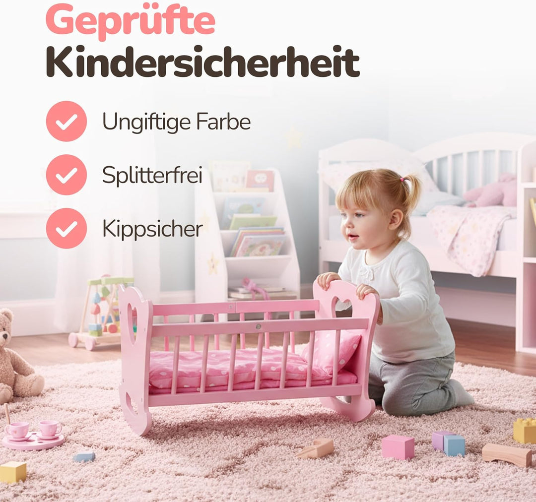 Kinderplay Holz Puppenwiege mit Bettwäsche – Schaukelbett für Puppen bis 49,5 cm – Nachhaltiges Holz