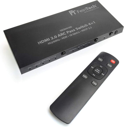 FeinTech VAX04100 HDMI 2.0 ARC Pass Switch 4x1, für 3 HDMI-Quellen, Soundbar und TV Beamer 4K HDR Do