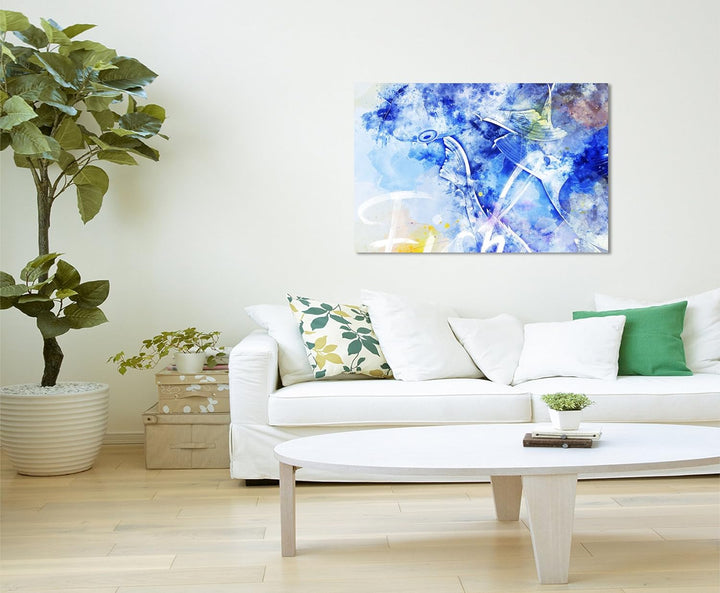 Paul Sinus Art Bild Leinwand 120x80cm Koi in Blautönen mit Kalligraphie, 120x80cm