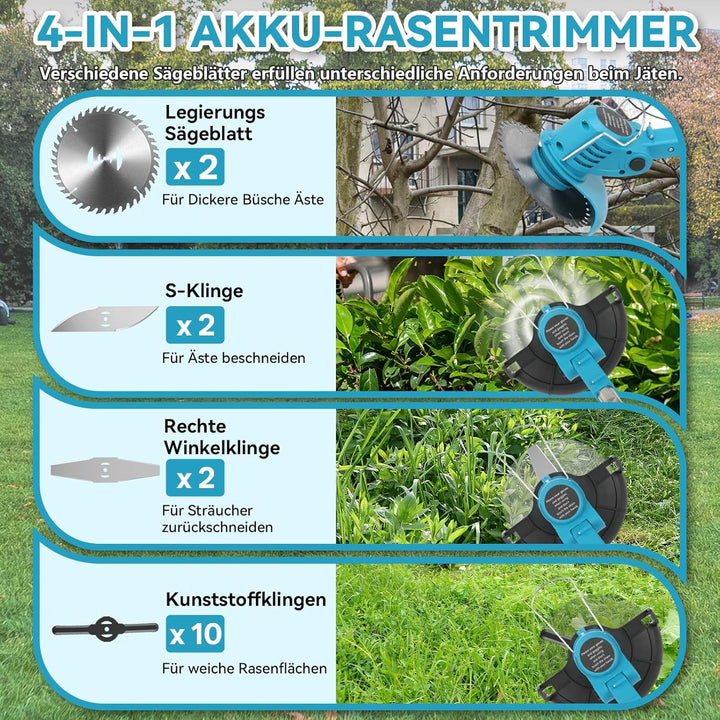Rasentrimmer mit Akku 21V, Rasentrimmer Elektrisch mit 2X 3.0Ah Akkus und 4 Messertypen, Geräuschpeg