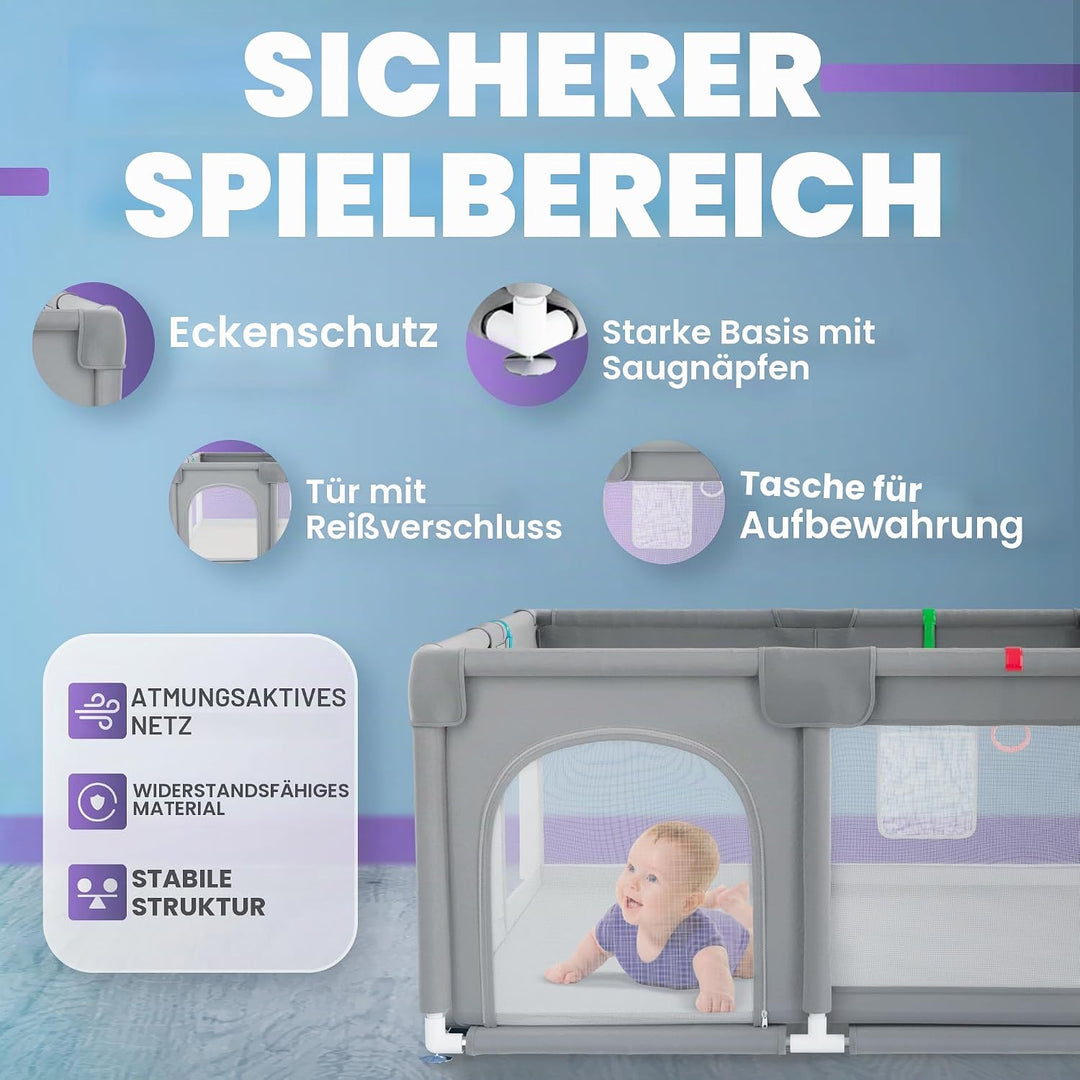 JUPPLIES Laufstall Baby 120×120 cm – Laufgitter mit seitlicher Tür &amp; atmungsaktivem Netz, rutschfest