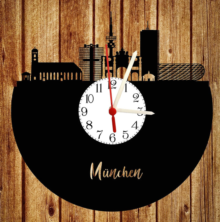 Wanduhr München Skyline mit Ziffernblatt, hochwertige Acrylglas Uhr mit lautlosem Quarzwerk, 3mm Stä