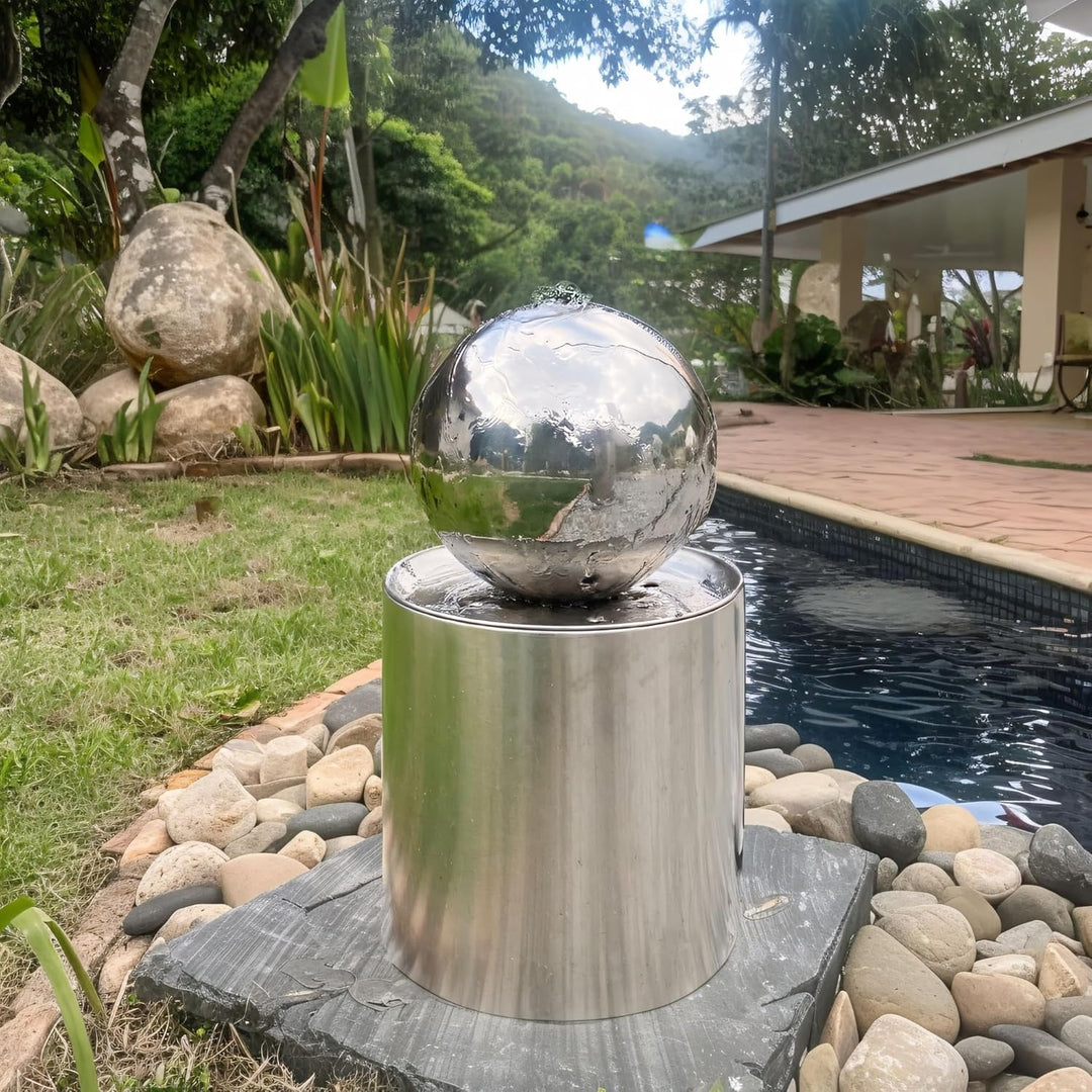 Köhko® Kugelbrunnen Ø25cm mit integrierte LED-Beleuchtung auf zylindrischen Edelstahl Eimer H30cm ho