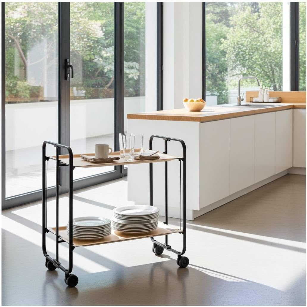 DON HIERRO - Servierwagen, klappbar, 2 Böden, Schwarzem Rahmen. Bauhaus-Buche 66 x 43 x 72 cm. Buche
