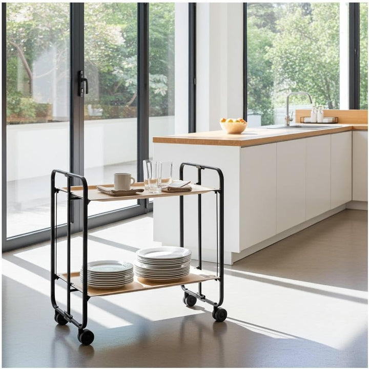 DON HIERRO - Servierwagen, klappbar, 2 Böden, Schwarzem Rahmen. Bauhaus-Buche 66 x 43 x 72 cm. Buche