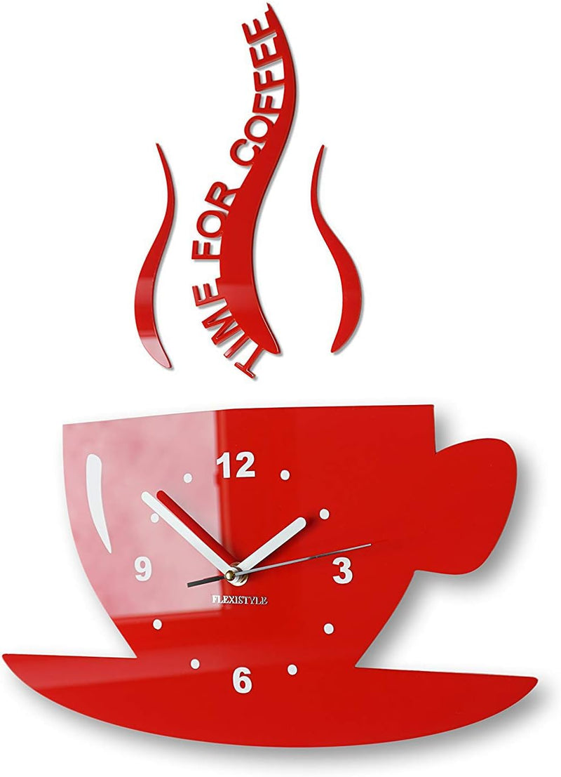 FLEXISTYLE Tasse Time for Coffee (Zeit für Kaffee) Moderne Küche Wanduhr rot, 3D römisch, wanduhr de