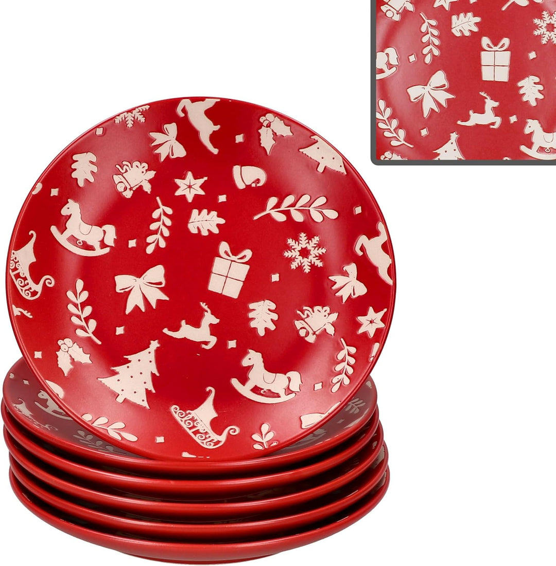 MamboCat 6er Set Advent Dessertteller I Ø20cm I Kuchenteller aus Steingut in Rot mit Weihnachtsmotiv