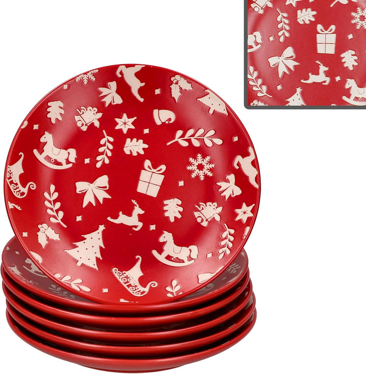 MamboCat 6er Set Advent Dessertteller I Ø20cm I Kuchenteller aus Steingut in Rot mit Weihnachtsmotiv
