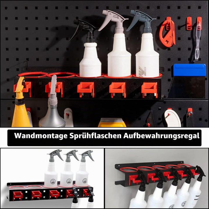 Sprühflaschenhalter mit 5 Löchern und 5 Kunststoff-Aufhängehaken, Sprühdosenhalter für Garage Werkst