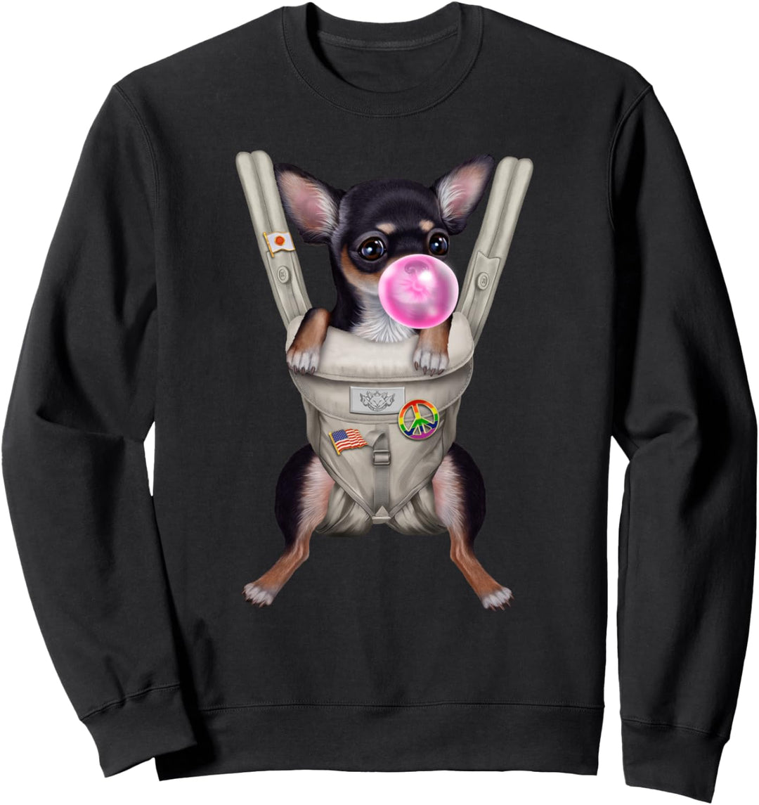 Schwarzer Chihuahua-Hund mit Kaugummi in der Babytrage Sweatshirt