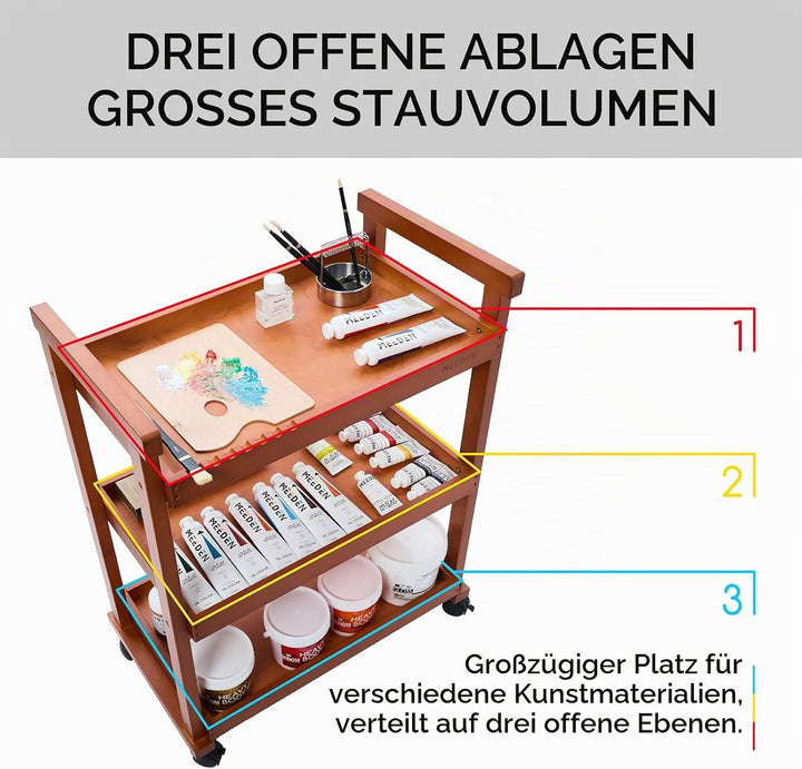 MEEDEN Beistellwagen mit Rollen, Walnuss 3-Tier Multifunktionale Art Storage Cart Organizer, Massivh