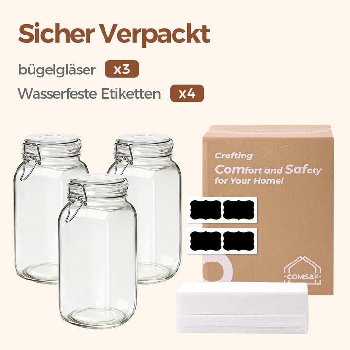ComSaf Einmachgläser mit Bügelverschluss 2,3 L 3er Set, grosse Vorratsgläser 2300 mL x 3, 2300 mL x