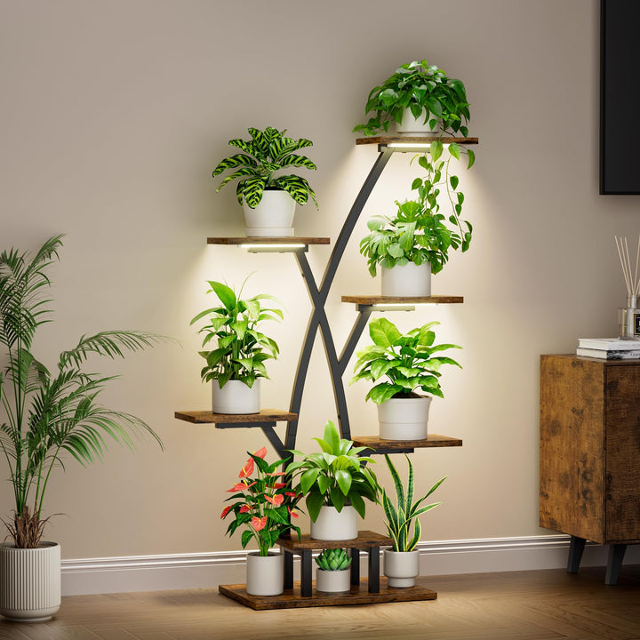 BACEKOLL Pflanzenständer mit Wachstumslicht - 7 Ebenen Blumenständer 105cm Metall Holz Pflanzenregal