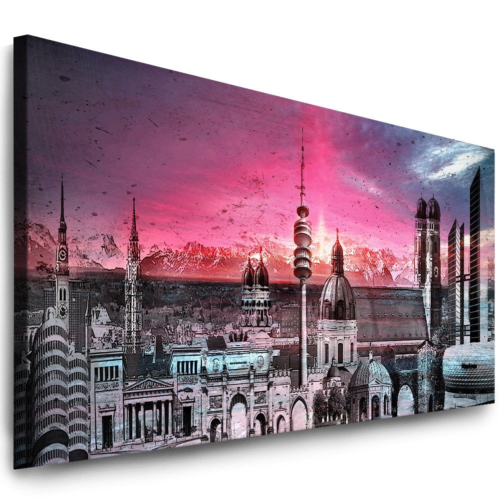 Julia-Art Leinwandbilder - 100 mal 40 cm Bild München Skyline, Stadt Wandbilder sind fertig gerahmt