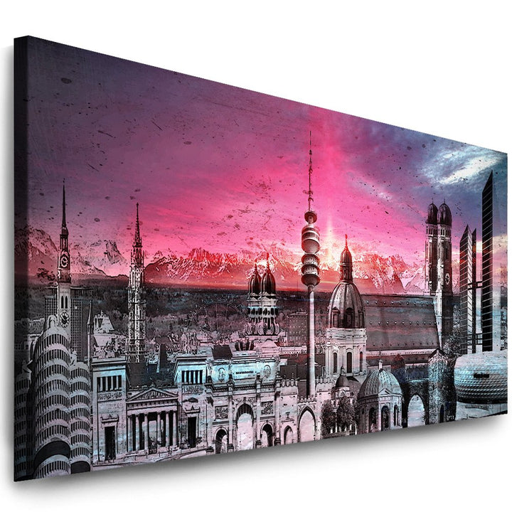 Julia-Art Leinwandbilder - 100 mal 40 cm Bild München Skyline, Stadt Wandbilder sind fertig gerahmt