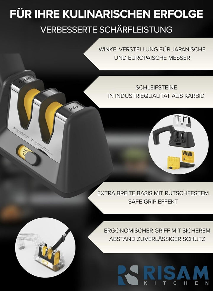 Messerschärfer – 2-stufiges Schleifsystem mit Diamant- & Wolframeinsätzen – Rutschfester Standfuss –