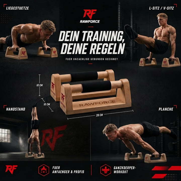 RawForce 2x Liegestützgriffe aus Holz - Joint-Friendly & Rutschfest - Parallettes Push Up Bar - Hand