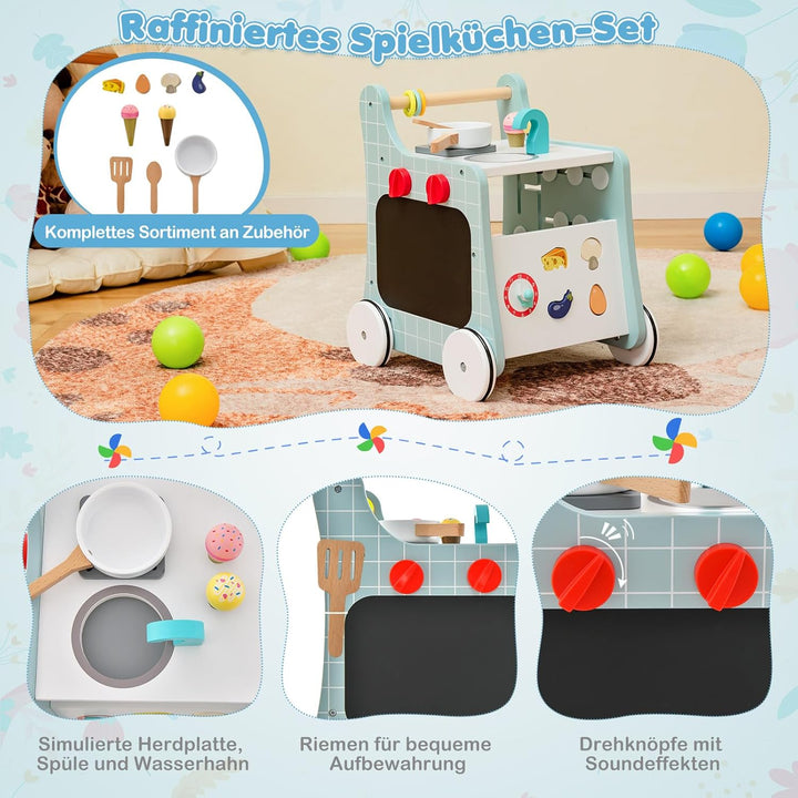 COSTWAY 6 in 1 Lauflernwagen aus Holz, Lauflernhilfe mit Spielküche, Lernuhr, Formanpassung & bewegl