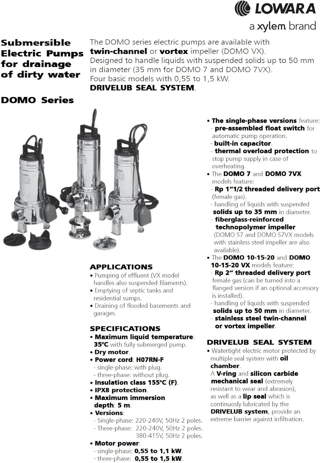 LOWARA DOMO Tauchpumpen Schmutzwasser DOMO 10VXT/B Vortex 0,75kW 1,1Hp 3x400V
