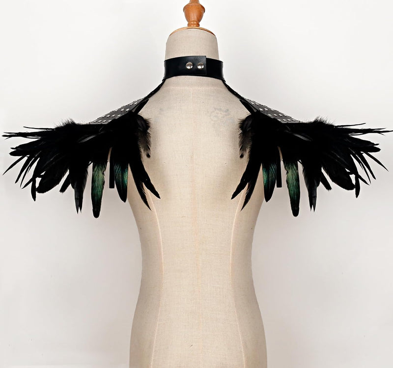 keland Gothic Leder Feder Epauletten Schulterklappen Schulterschmuck Umhang Schultertuch mit Halsrei