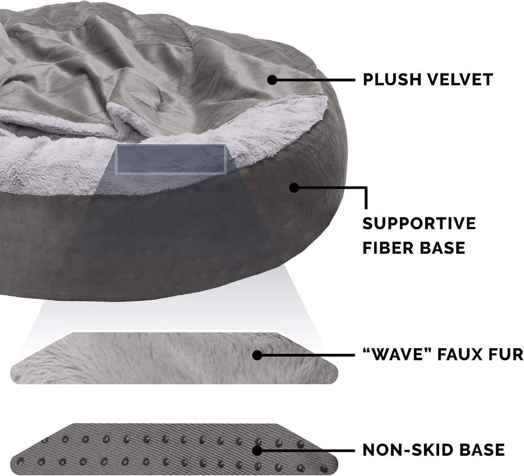 Furhaven 27" Round Medium Donut Dog Bed Plush Velvet Waves Hooded Calming Cuddler, Washable - Dark G