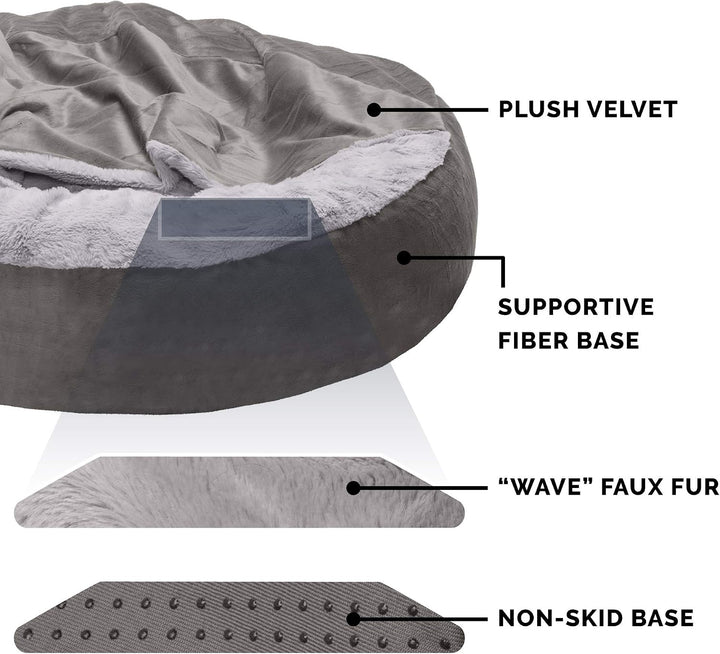 Furhaven 27" Round Medium Donut Dog Bed Plush Velvet Waves Hooded Calming Cuddler, Washable - Dark G