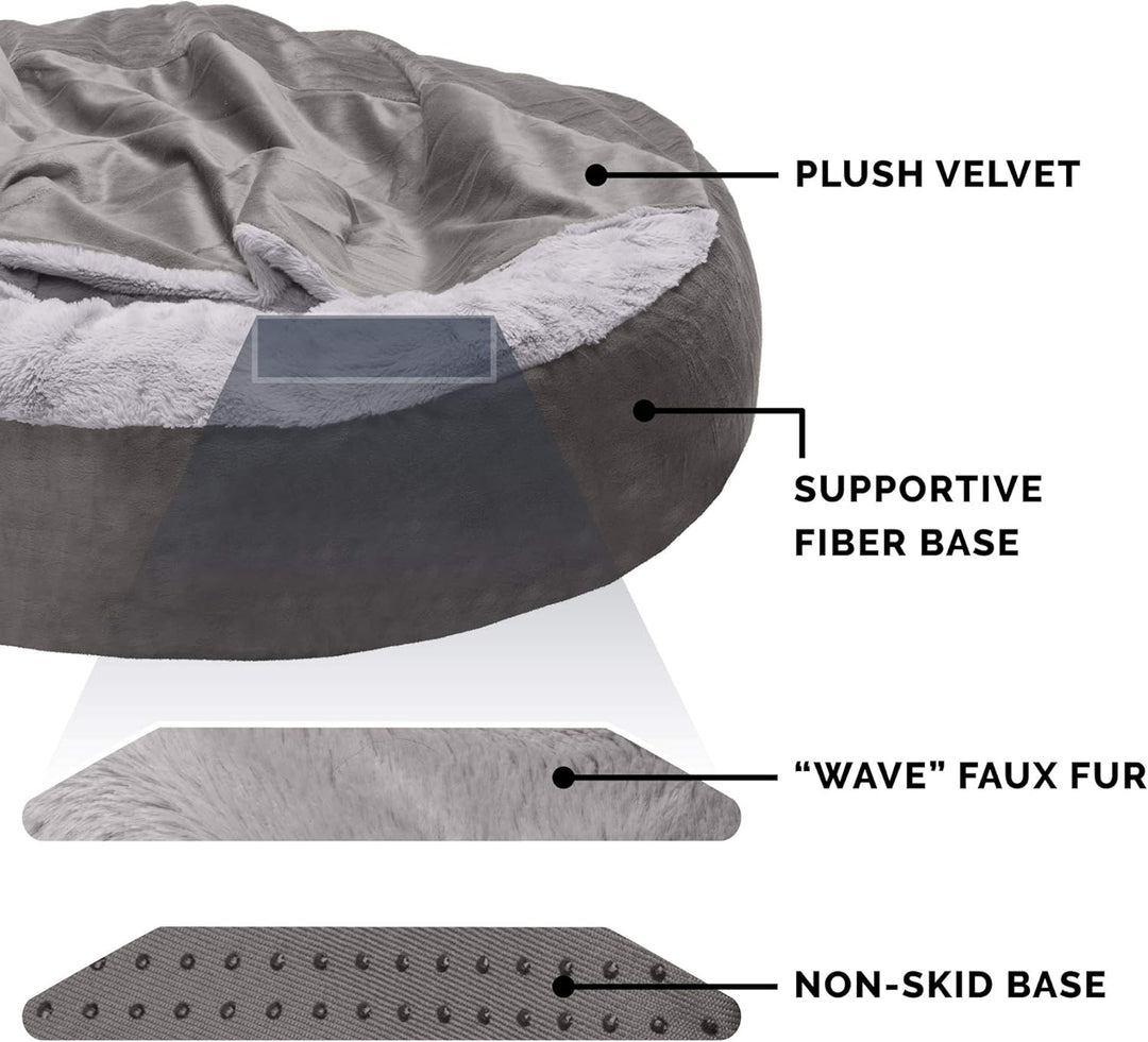 Furhaven 27" Round Medium Donut Dog Bed Plush Velvet Waves Hooded Calming Cuddler, Washable - Dark G
