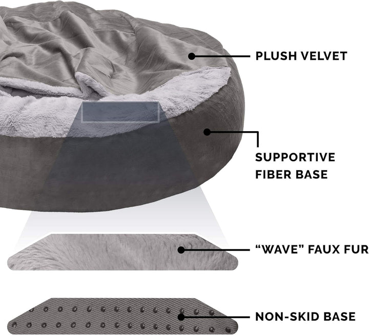 Furhaven 27" Round Medium Donut Dog Bed Plush Velvet Waves Hooded Calming Cuddler, Washable - Dark G