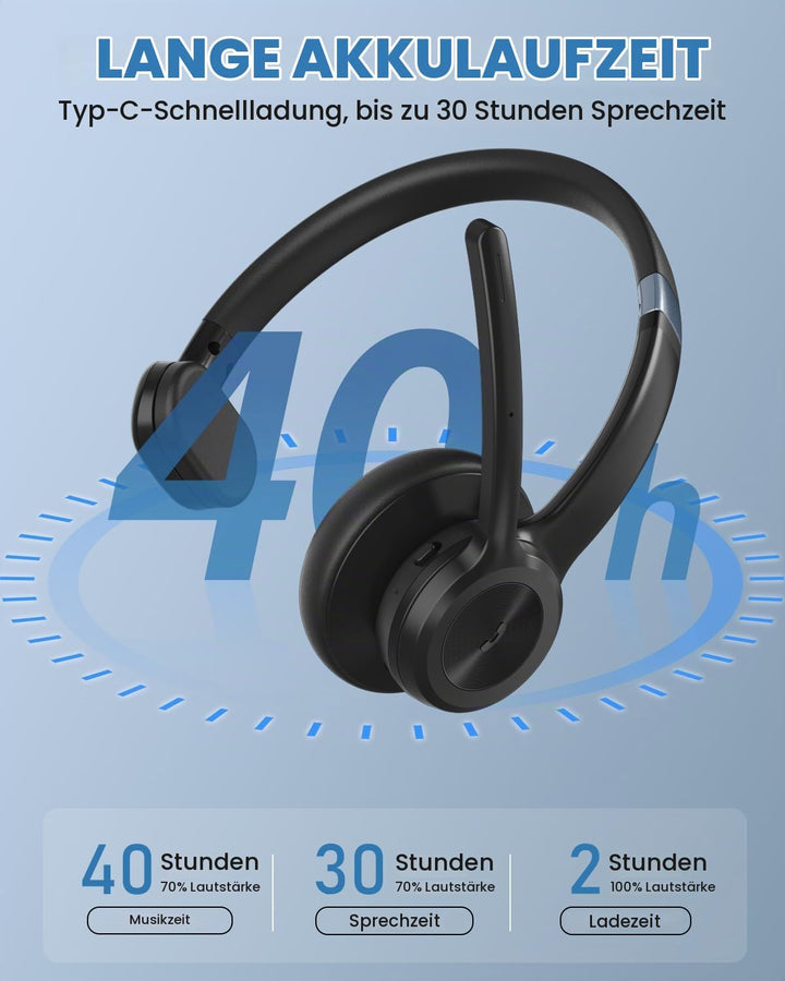 ANSTEN Bluetooth Headset mit Mikrofon | Wireless Headset mit Geräuschunterdrückung, 30 Stunden Anruf