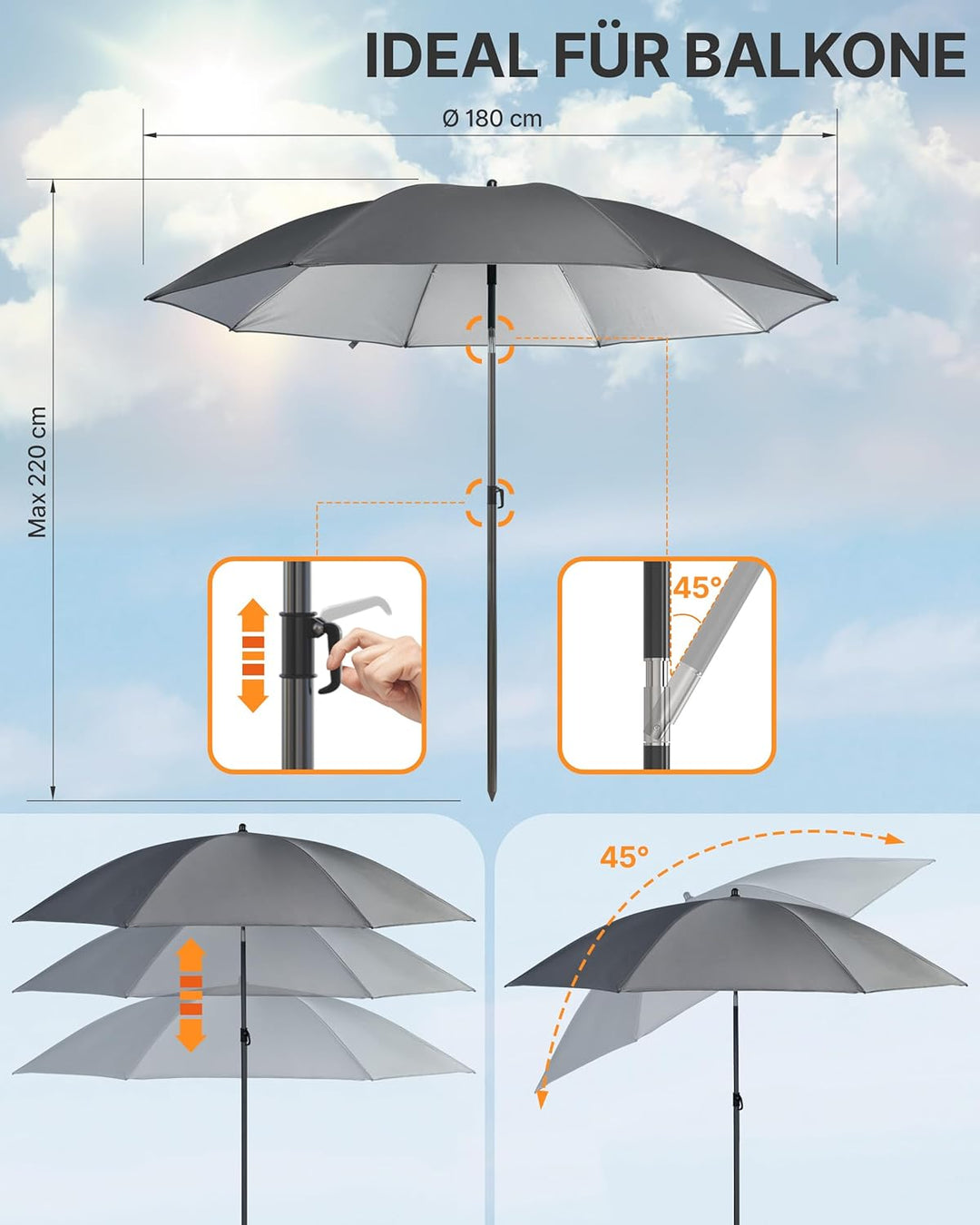 4smile Strandschirm SunnyJoy, Ø 180 cm - UPF 50+ Sonnenschirm Strand mit Hülle, Sonnenschirm Balkon