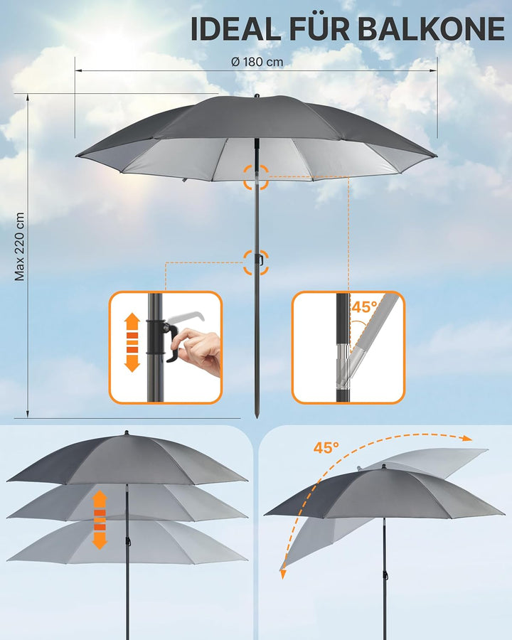 4smile Strandschirm SunnyJoy, Ø 180 cm - UPF 50+ Sonnenschirm Strand mit Hülle, Sonnenschirm Balkon