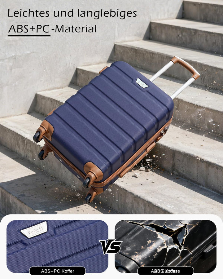COOLIFE Hartschalen-Koffer Trolley Rollkoffer Reisekoffer mit TSA-Schloss und 4 Rollen (Blau/Braun,