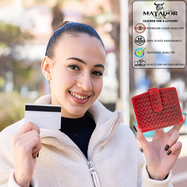 MATADOR Damen Geldbörse aus Echt Leder - TÜV Geprüfter RFID/NFC Schutz - Portemonnaie Flechtprägung