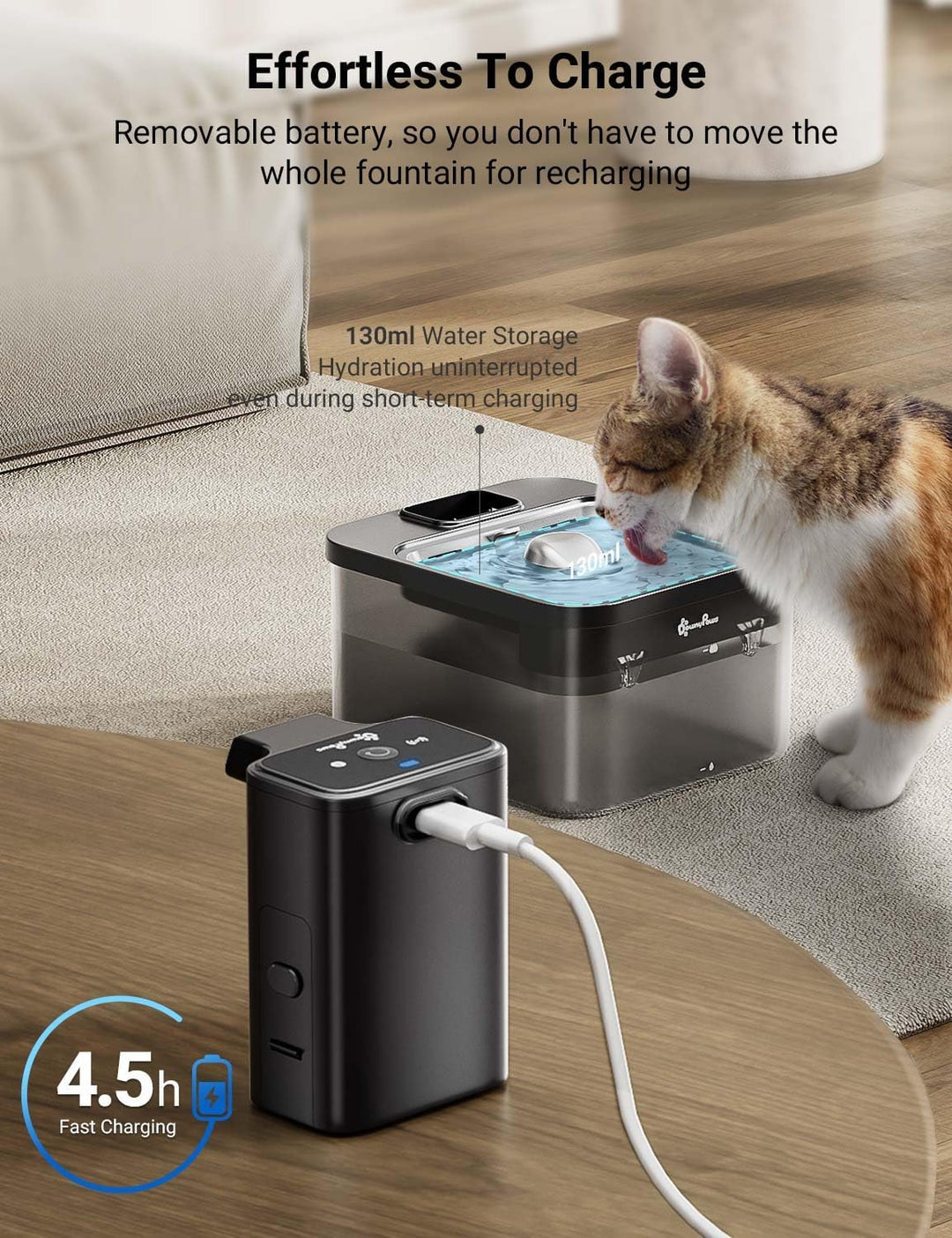 DownyPaws 2.5L Trinkbrunnen für Katze Kabellos, Katzenbrunnen Kabellos mit Bewegungsmelder und Batte