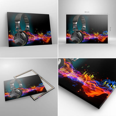 ARTTOR Bilder auf Leinwand 100x70cm Leinwandbild Feuer Audio Kopfhörer Gross Wanddeko Bild Schlafzim