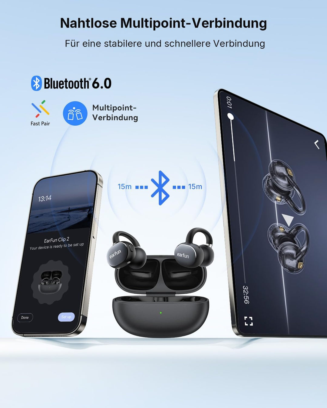 EarFun Clip 2 Open Ear Kopfhörer, Bluetooth Clip On Earbuds, Komfortabel und stabil, 12 mm Titanium-