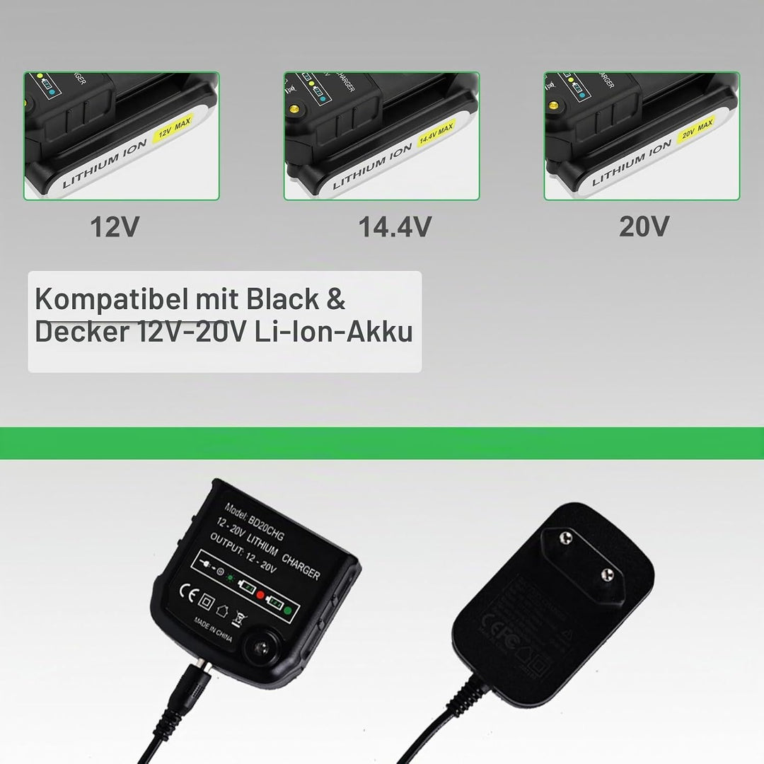 Ladegerät Kompatibel mit Black &amp; Decker: Ladegerät 18V/20V Lithium-Akku für Black &amp; Decker 10,8V/14,