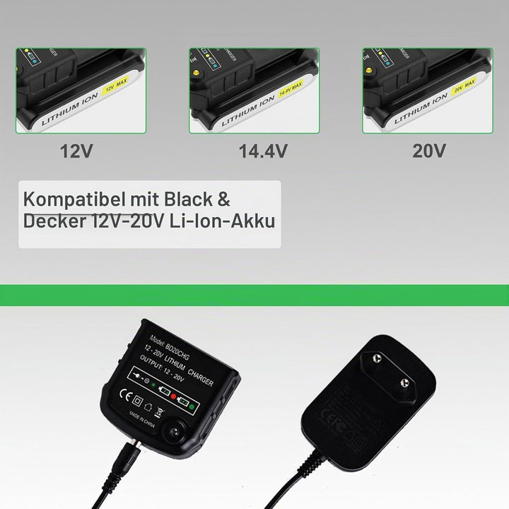 Ladegerät Kompatibel mit Black &amp; Decker: Ladegerät 18V/20V Lithium-Akku für Black &amp; Decker 10,8V/14,