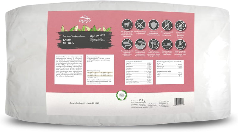 SALiNGO High Sensitive Hundefutter trocken, Trockenfutter Lamm und Reis, zuckerfrei, Single Protein,