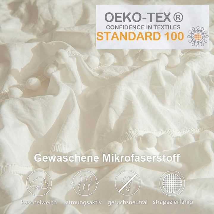 Freyamy Böhmen Bettwäsche 200x220cm 3teilig Weiss Pom Pom Boho Chic Bettwäsche Gewaschene Microfaser