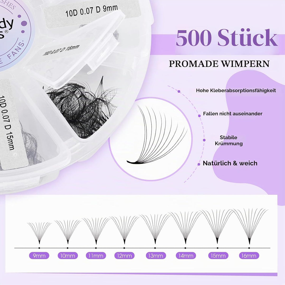 WENDY LASHES Premade Volume Fans 10D D-Curl 0,07mm 13-20mm 500 Stück | fertige russische Volumen Fäc