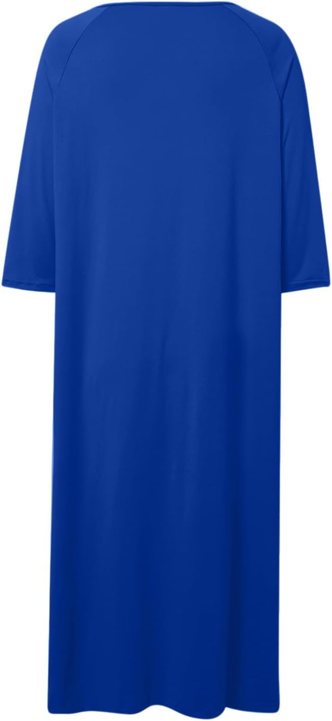 Generisch Bademanteldamen Bequemer Freizeitrock Lockerer Pyjama Kurzarm Nachthemd Tasche Blau XL, Bl