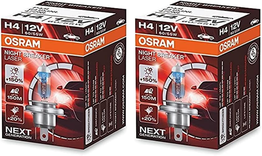 Osram NIGHT BREAKER LASER H4, 150% mehr Helligkeit, Halogen-Scheinwerferlampe, 64193NL, 12V PKW, Fal