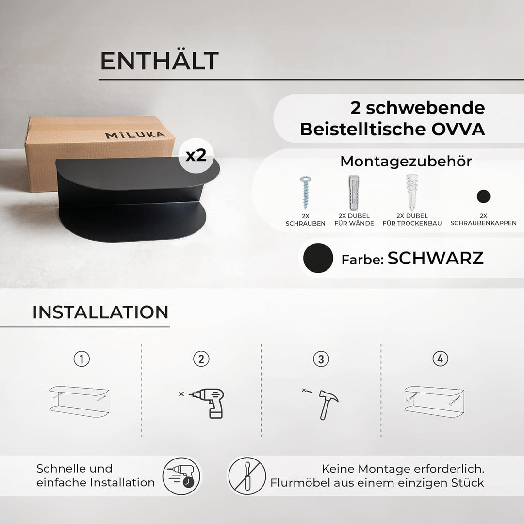 MILUKA Schwebender Nachttisch Hängend 2er Set aus Schwarz Metall 40x20 cm| Nachttisch Schmal mit 2 E
