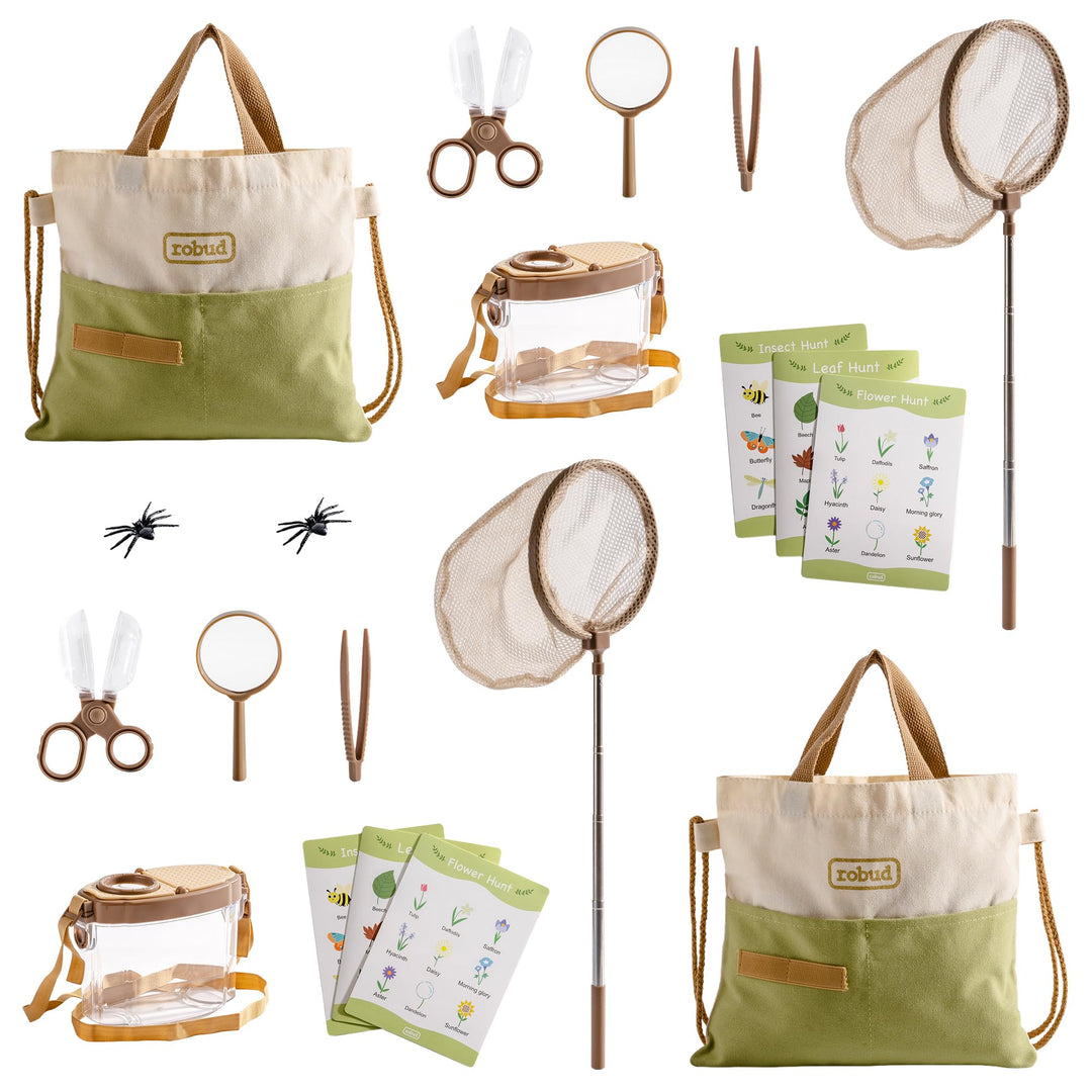 ROBUD Kids Outdoor Explorer Kit, Käferfang-Abenteuer-Sets mit Schmetterlingsnetzen, Lupen, Käferbehä
