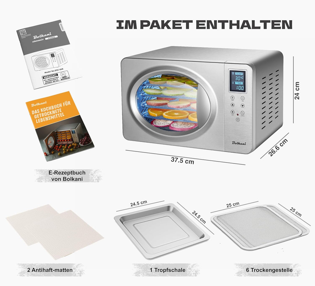 Dörrautomat Edelstahl, Dörrgerät & Food Dehydrator, 6 Dörrtabletts, 500W, LED-Display, 30–90°C, 24h