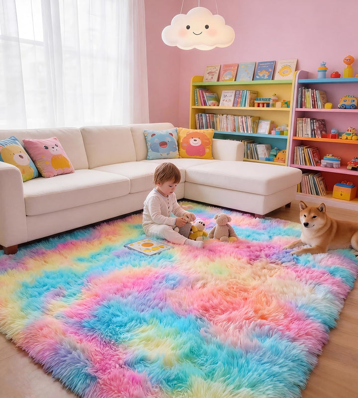 Teppich Schlafzimmer 120 x 160 cm Regenbogen Waschbare rutschfeste Teppiche Weich Flauschig Rug Wohn