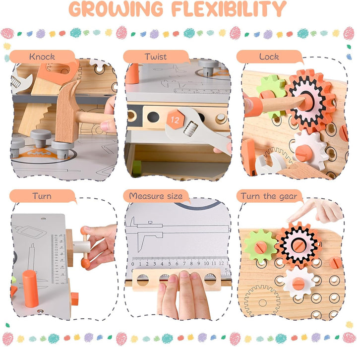 Kinderwerkbank aus Holz, Spielwerkzeuge Werkzeugbank aus Holz Multifunktions Simulationswartung Werk