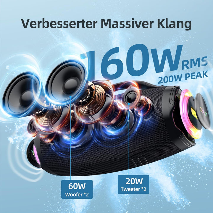 Zealot Bluetooth Lautsprecher,160W RMS/200W Peak Musikbox,Mega Volume Bass,IPX6 Wasserdicht,BT5.3,36